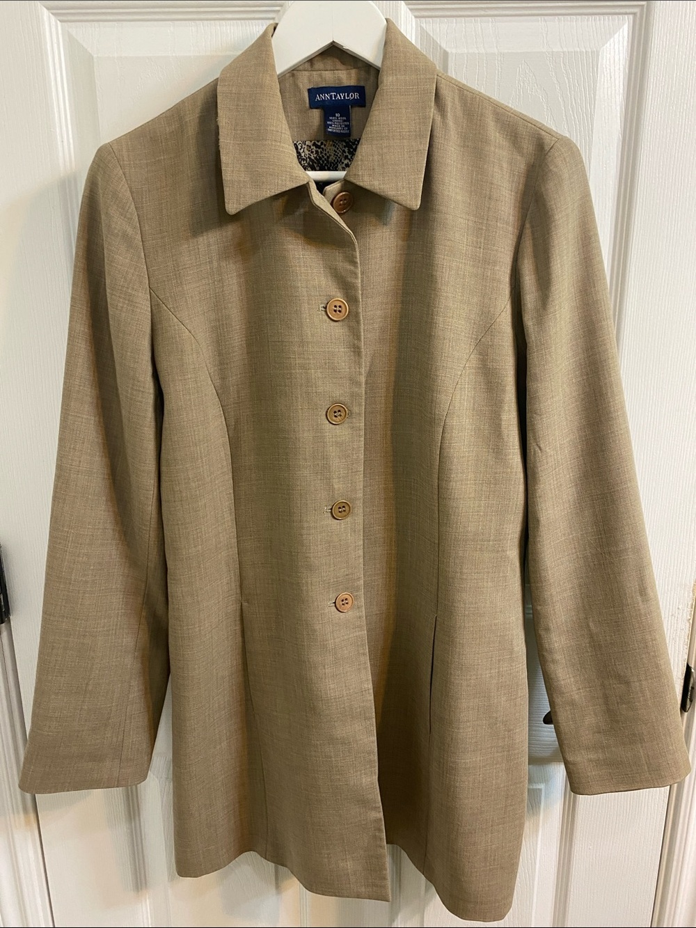 Vintage Ann Taylor Wool Fitted Tan Driving Coat Snakeskin Lining Womens Size 10